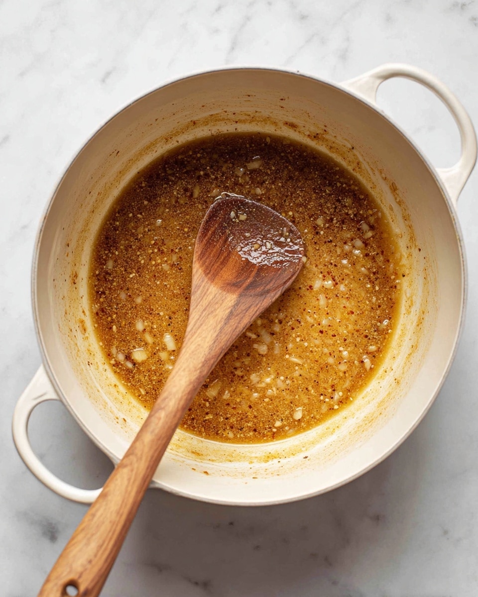 A white pot with a light brown sauce spread thinly across the bottom and sides, showing bits of cooked onion and minced garlic mixed with the sauce. A wooden spoon rests inside on the left side, slightly stained by the sauce. The sauce has a textured look with spices visible, and the pot is set on a white marbled surface. The image focuses closely on the inside of the pot, highlighting the sauce's mixture and the pot’s smooth interior. photo taken with an iphone --ar 4:5 --v 7