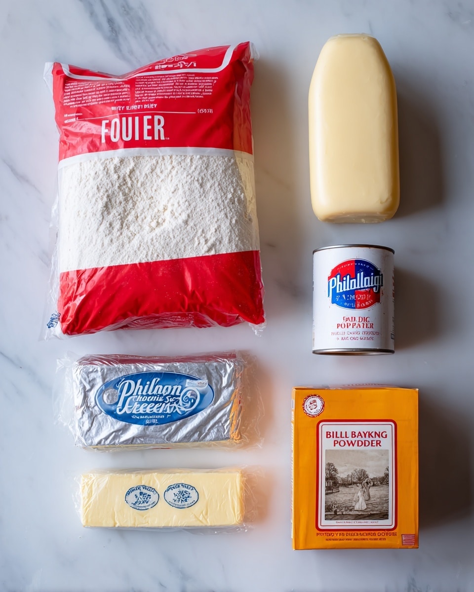 The image shows a group of baking ingredients placed on a white marbled surface. There is a large red and white bag of all-purpose flour positioned on the top left. To its right, a pale yellow container of buttermilk stands tall. Below the flour, two sticks of wrapped salted butter lie side by side with white labels and blue text. Next to the butter is a silver package of Philadelphia cream cheese with a blue logo. To the right of the cream cheese, there is a small white can of double-acting baking powder with red and black text and an old-fashioned photo on the label. At the bottom right corner, an orange box of pure baking soda with a white label and blue text is placed. The overall scene is evenly lit and clearly focused. photo taken with an iphone --ar 4:5 --v 7