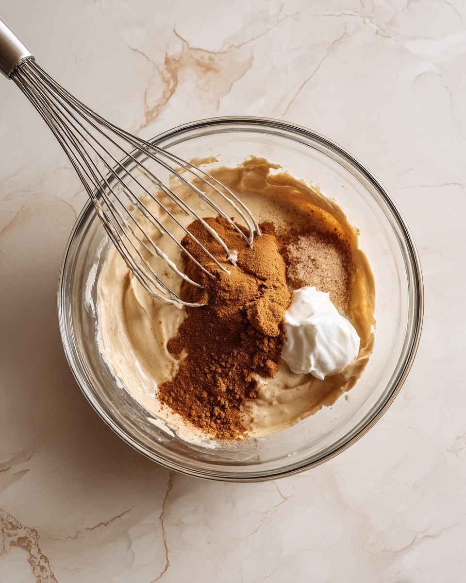 A clear glass bowl holds several layers of ingredients ready to be mixed. The bottom layer is a thick, light beige cream, over which there is a light to medium brown powder, likely cinnamon, spread unevenly. On top, there is a scoop of darker brown sugar and a smaller amount of white cream or yogurt, slightly melting into the other layers. The bowl rests on a white marbled surface, and a whisk with metal wires and a transparent handle leans against the bowl's edge. photo taken with an iphone --ar 4:5 --v 7