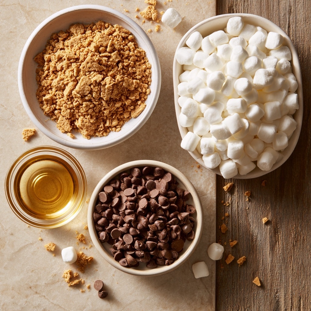 A stack of four layered bars is shown on a white marbled surface, each bar having three distinct layers. The bottom layer is a golden, crumbly crust. The middle layer is thick and dark brown, appearing dense and smooth like melted chocolate. The top layer consists of lightly browned, puffy white marshmallows that slightly melt into the chocolate underneath. Scattered crumbs and chocolate chips surround the stack, adding texture to the scene. Photo taken with an iphone --ar 4:5 --v 7