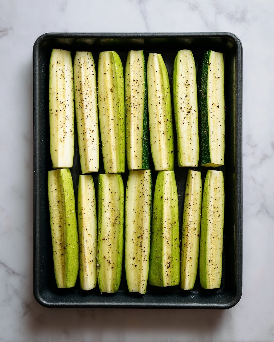 There is a dark metal baking tray on a white marbled surface with fourteen long slices of zucchini laid out in three rows. The top row has nine slices standing vertically with a light green color and a slightly shiny texture showing specks of black pepper and salt. Below, there are two rows of two zucchini slices each, placed horizontally with the same seasoning visible. The zucchini slices have a soft, slightly cooked look with edges that are a bit darker. The background is a white marbled texture. Photo taken with an iphone --ar 4:5 --v 7