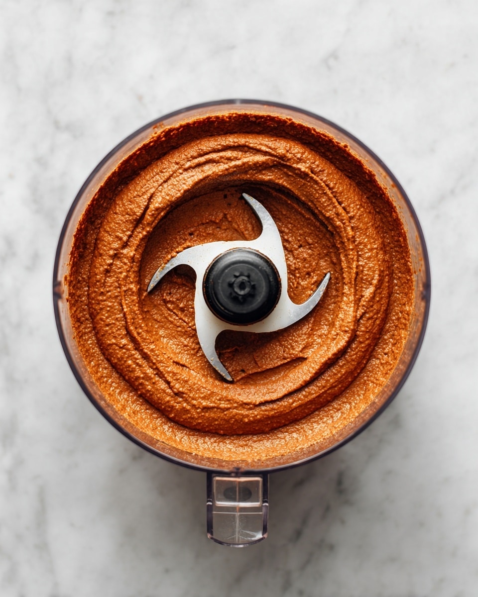 A top view of a clear food processor bowl filled with a smooth, thick reddish-brown paste evenly spread inside, with a white and black central blade part visible in the middle, all set on a white marbled surface. photo taken with an iphone --ar 4:5 --v 7