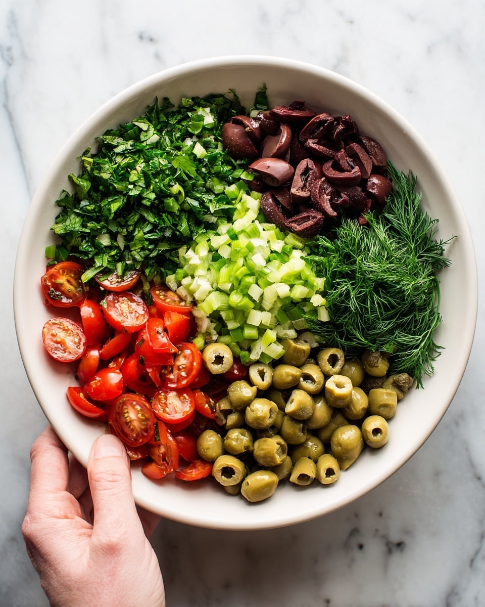 A white bowl filled with six separate sections of fresh ingredients arranged in a circle. Starting from the top, there is a pile of chopped green parsley, next to it a heap of sliced dark red olives, then a small bunch of chopped light green spring onions. Below that, there are bright red cherry tomatoes cut in half, next to finely chopped celery, and finally a small group of light green capers with a bunch of fresh dark green dill. The bowl sits on a white marbled surface, and a woman's hand is reaching into the bowl on the right side. Photo taken with an iphone --ar 4:5 --v 7