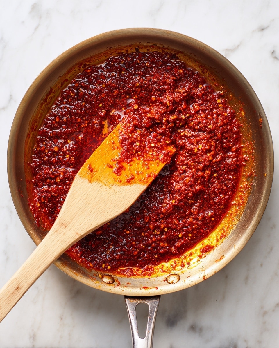 A metal pan filled with a thick layer of bright red chili oil and spices sizzling and bubbling on a white marbled surface. A flat wooden spatula rests inside the pan, partially covered in the oily, textured mix. The oil shows a gradient of red and orange shades, with some darker spots indicating concentrated spices. The pan handles extend outwards, and the overall scene is lit brightly showing vivid colors and textures. photo taken with an iphone --ar 4:5 --v 7