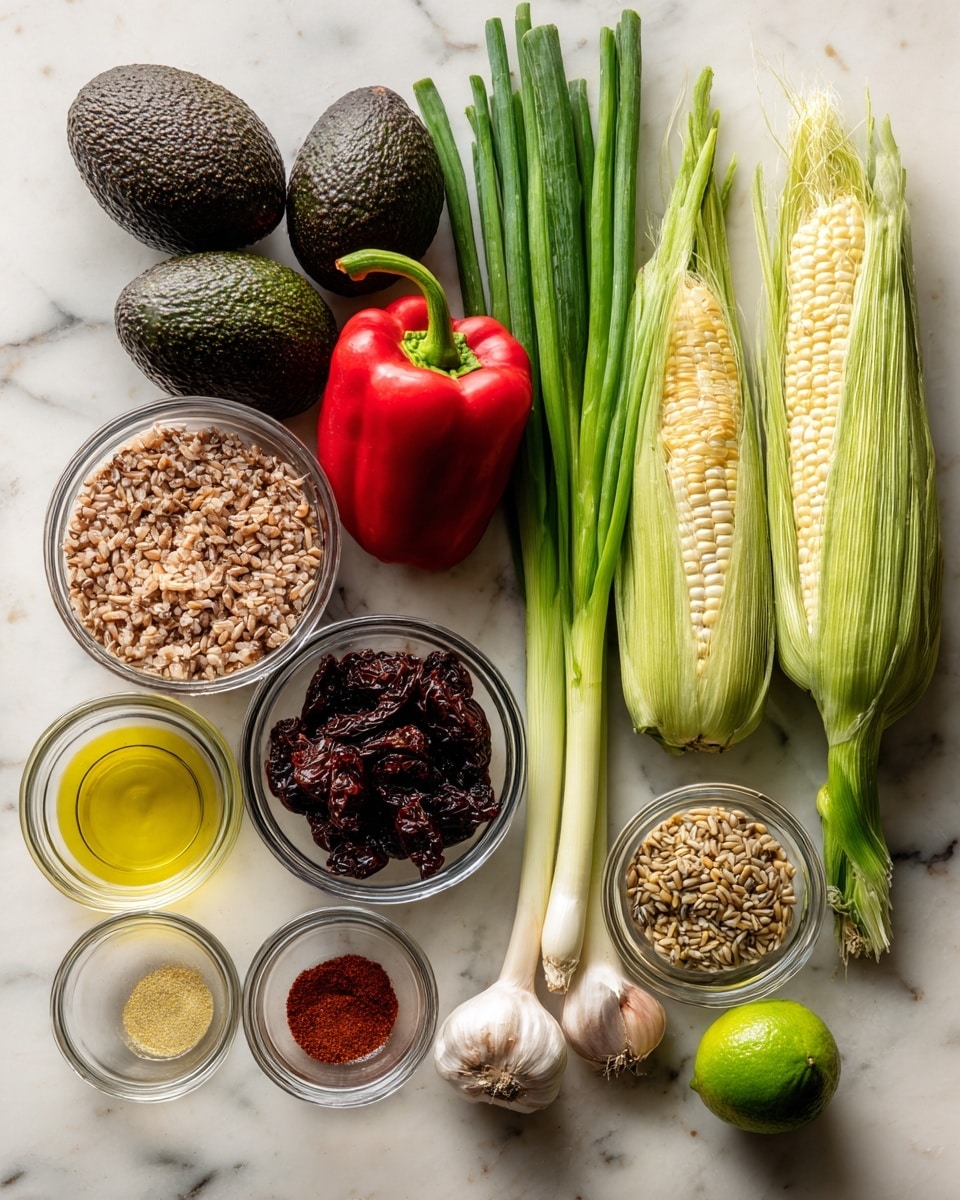 The image shows a top-down view of fresh cooking ingredients neatly arranged on a white marbled surface. From left to right, there are two dark green avocados with bumpy skin, a bright red bell pepper, and a bunch of green onions with white tips stretching vertically. Next to these are two fresh corn ears with light green husks standing side by side. Several clear glass bowls hold various ingredients: one bowl is filled with cooked brown rice, another with brown beans, a smaller one with dark sun-dried tomatoes, and another with uncooked grains that look like barley or sunflower seeds. Below are small glass containers holding light yellow cooking oil, salt, ground spices in red, light brown, and medium brown shades. Cloves of garlic and a whole lime add to the colorful spread. The photo was taken with an iphone --ar 4:5 --v 7
