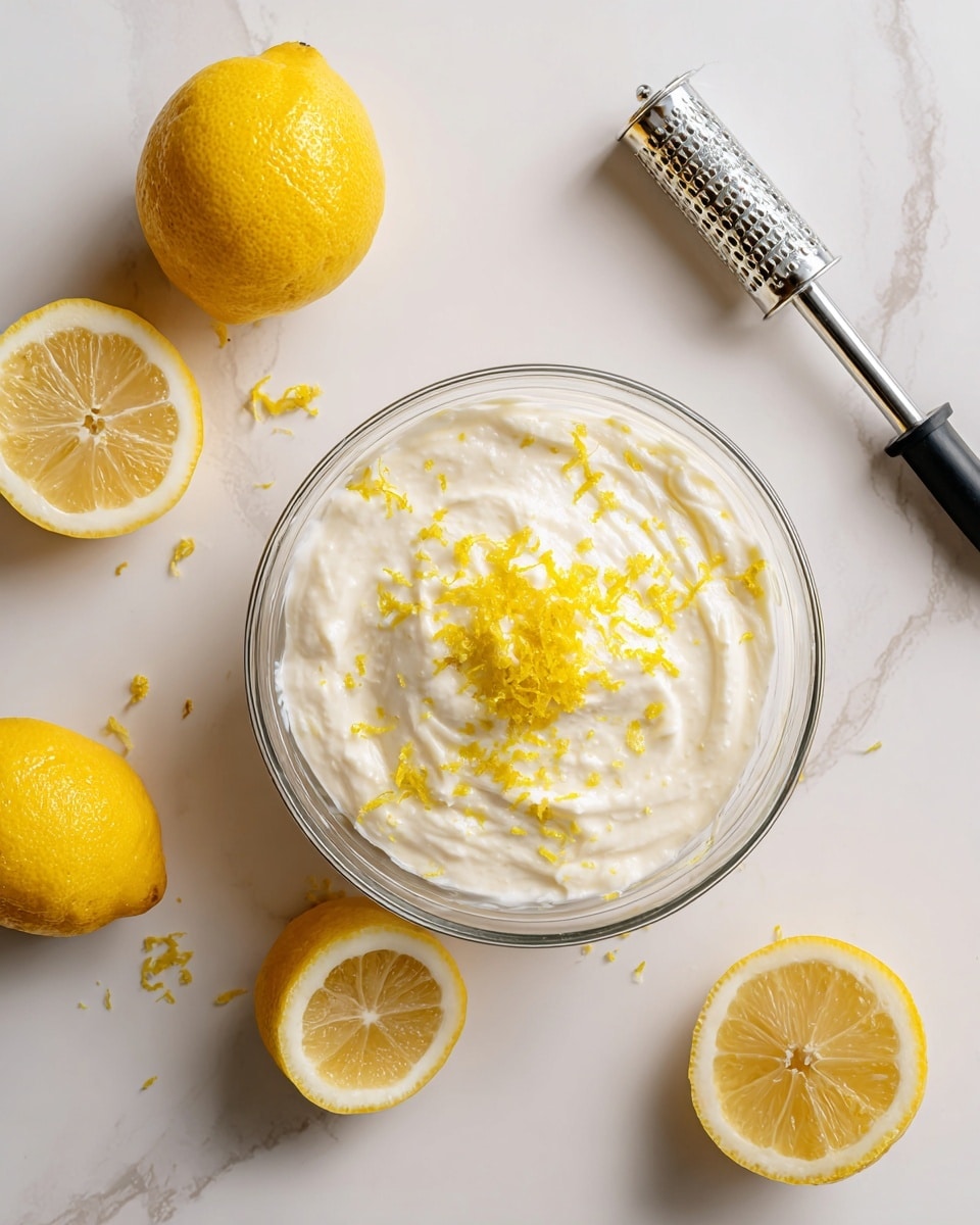 A top view of a clear glass bowl with a creamy white mixture inside, lightly speckled with fresh bright yellow lemon zest sprinkled on top near the center. To the left of the bowl, there are three whole lemons, two halved to show their juicy pale yellow flesh and one whole with bright yellow skin. On the right side, a metal lemon zester with a black handle lies diagonally on a white marbled surface. The scene is bright and clean with soft natural light and minimal shadows. Photo taken with an iphone --ar 4:5 --v 7