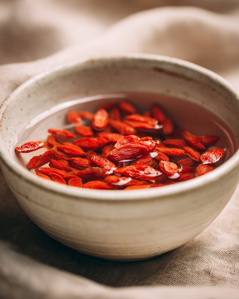 A close-up view of a white, slightly speckled ceramic round bowl filled with dark orange-red dried goji berries soaked in clear water, the berries forming one visible layer floating near the top. The bowl sits on a beige fabric surface with a softly blurred background. The bowl’s texture shows subtle horizontal ridges. Photo taken with an iphone --ar 4:5 --v 7