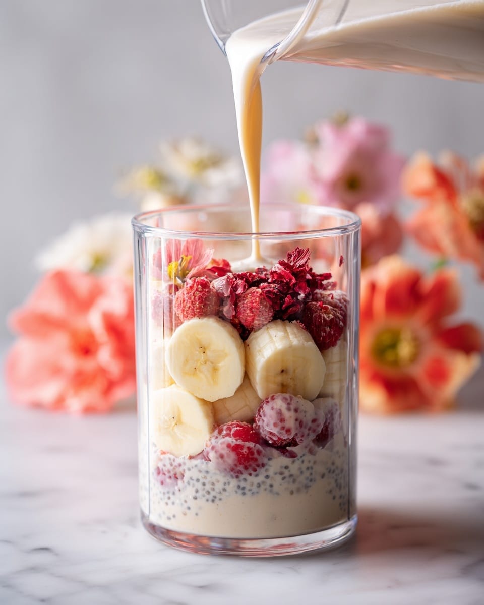 A clear blender cup sits on a white marbled surface, filled in layers from bottom to top with sliced light yellow bananas, pale creamy almond milk soaking the fruits, small black chia seeds scattered throughout, and bright red dried berries mixed in. A stream of creamy white almond milk is being poured from above into the cup, covering the dried berries at the top. Soft pink and orange flowers softly blur in the background. photo taken with an iphone --ar 4:5 --v 7