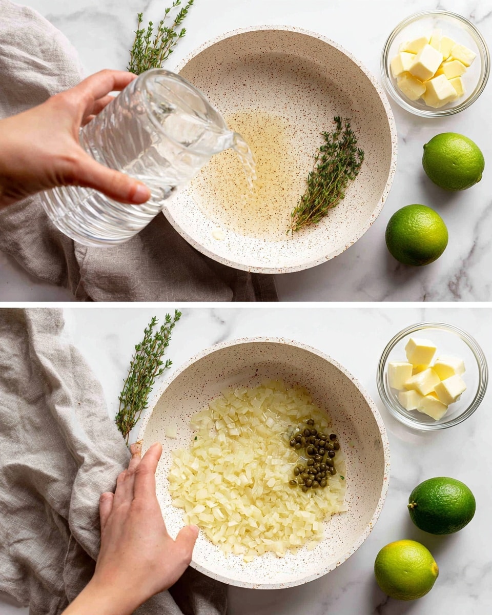 A white speckled frying pan sits on a white marbled surface with a gray cloth and white cloth nearby, holding cooked onions forming a pale golden layer at the bottom of the pan. In the first part, a woman's hand is pouring a clear liquid into the pan where two green sprigs of thyme rest on the onions' side. In the second part, the pale golden onion layer is topped with small dark green capers, while the woman's hand is holding a small glass bowl with chunks of pale yellow butter ready to be added. Three whole green limes and a half lime are placed nearby on the white marbled surface. Photo taken with an iphone --ar 4:5 --v 7