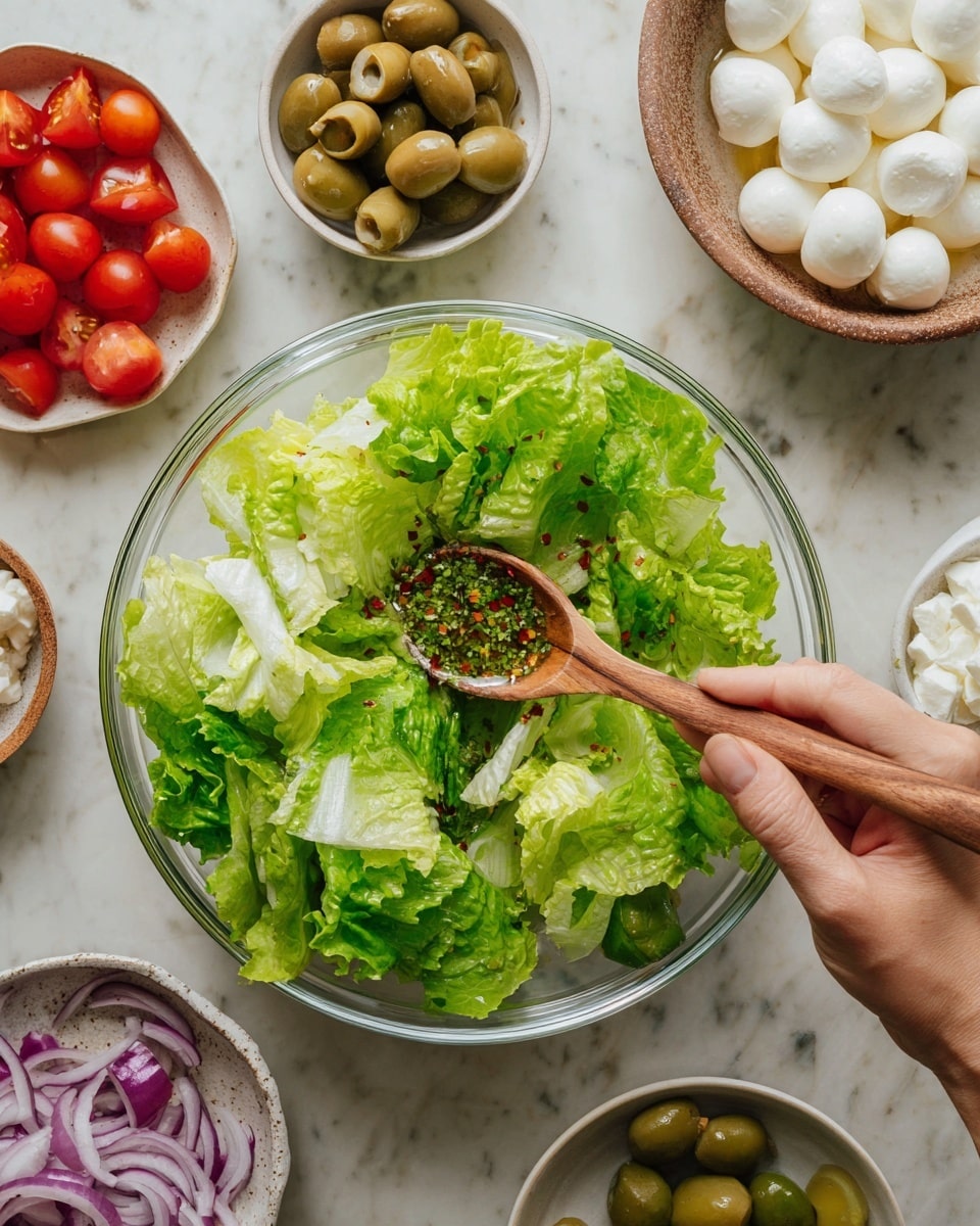 The image shows a fresh and colorful salad preparation scene on a white marbled surface. There is a clear glass bowl filled with bright green leafy lettuce, showing crisp and textured edges. Around the bowl, there are small white bowls holding white round mozzarella balls, sliced reddish cherry tomatoes, green olives, and thinly sliced purple onion rings. A woman's hand holds a wooden spoon above the bowl, scooping a green herb dressing with specks of red and oil droplets over the lettuce. The whole setup is vibrant with natural colors of fresh ingredients, and the textures vary from soft lettuce to smooth mozzarella and glossy tomatoes. photo taken with an iphone --ar 4:5 --v 7