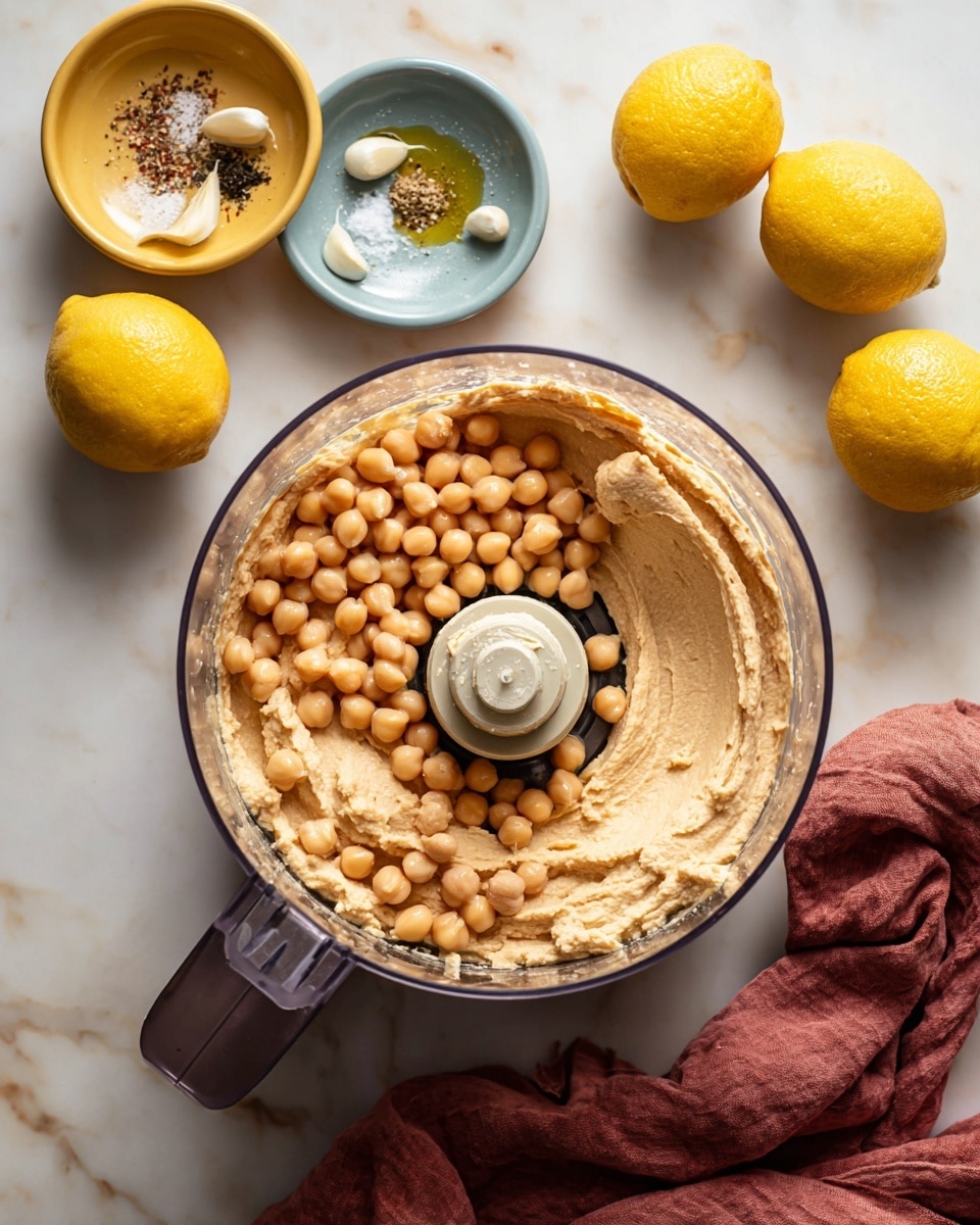 The image shows three stages of making hummus in a clear square food processor placed on a white marbled surface. In the first stage, whole cooked chickpeas fill the base of the chamber in light beige, mixed with a few garlic cloves and a sprinkle of black pepper and salt, visible in small yellow and blue bowls above the processor along with halved fresh yellow lemons. The second stage captures the hummus blending process where the chickpeas turn into a thick, coarse beige paste, and a bottle pours oil into the processor from the top right; the texture appears rough with visible bits. The third stage shows the finished hummus as a smooth and creamy pale beige spread covering the base evenly, with a slight shine and the blades in the center. The setting includes a reddish-brown cloth near the processor, with soft natural lighting. Photo taken with an iphone --ar 4:5 --v 7