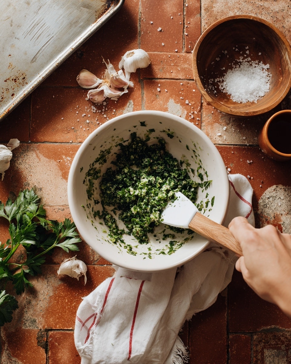 A woman's hand is seen mixing chopped green herbs in a white bowl with a white spatula. Next to the bowl are a wooden bowl with some coarse salt, a metal baking tray with a white pastry brush resting on it, and a small brown cup. Fresh parsley leaves and garlic cloves are scattered nearby on a reddish-brown tiled surface. The setting has a casual, rustic feel, and a white cloth with red stripes is partially visible under the bowl. photo taken with an iphone --ar 4:5 --v 7