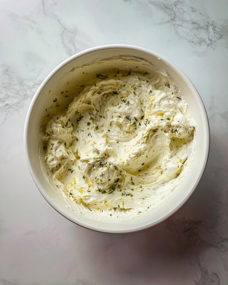 A top view of a white bowl filled with a creamy, white mixture that has small green and yellow bits spread evenly throughout. The texture looks soft and fluffy with some small lumps, indicating the mix is stirred but not fully smooth. The bowl is placed on a white marbled surface. photo taken with an iphone --ar 4:5 --v 7