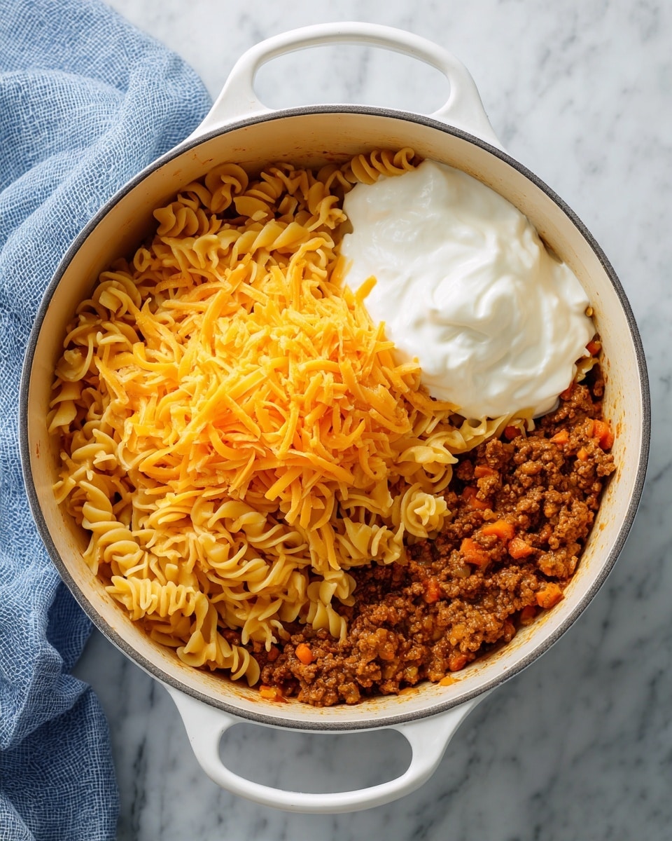 A white pot with two handles is filled with a cooked pasta and ground meat mixture at the bottom, showing small bits of orange carrot mixed in. On top of this mixture, on the left side, there is a large pile of shredded bright yellow cheddar cheese, and on the right side, a smooth dollop of thick white sour cream. The pot is placed on a white marbled surface, and a bit of a blue cloth is just visible in the upper left corner. photo taken with an iphone --ar 4:5 --v 7