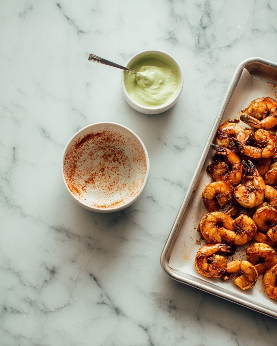 The image shows two parts: on the left, a white bowl filled with raw shrimp covered in a reddish spice mix with oily texture; on the right, a small white container of light green creamy sauce with a spoon inside, next to a silver baking tray holding cooked shrimp that are orange with dark charred spots and curled shapes on a white marbled surface. Photo taken with an iphone --ar 4:5 --v 7