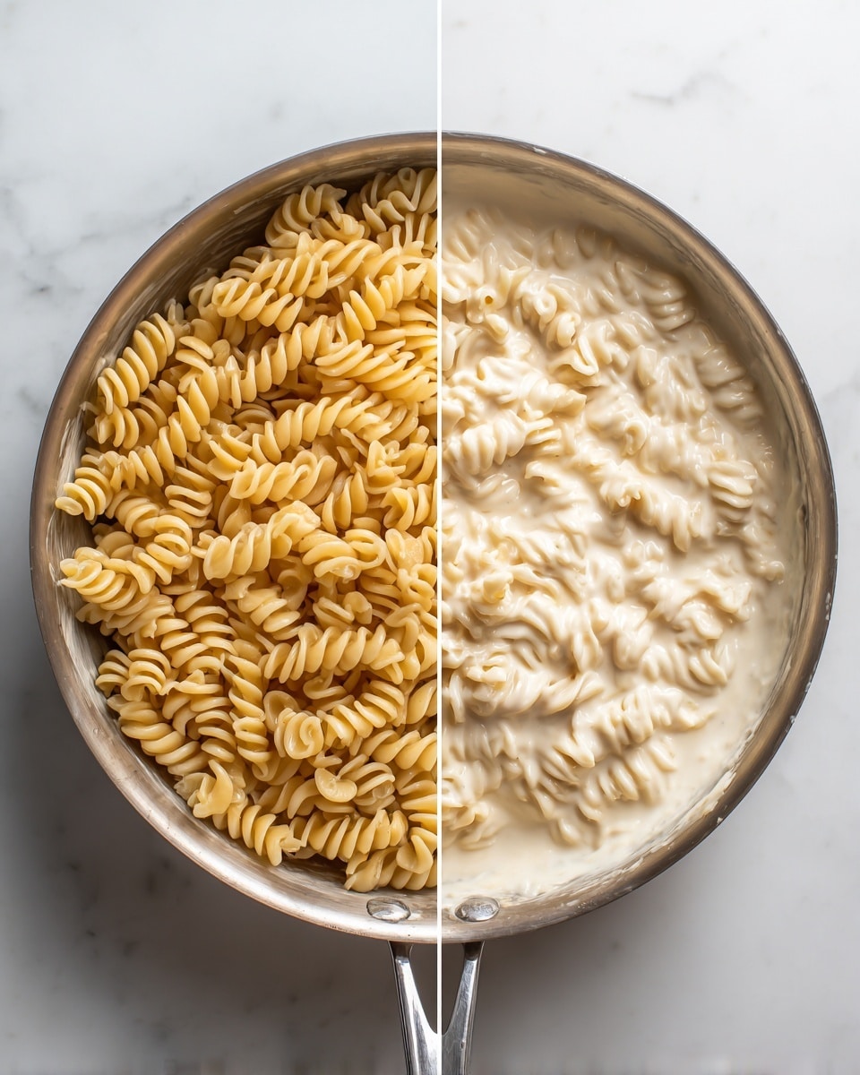 Two side-by-side images show a metal pan on a white marbled surface, each filled with small spiral pasta in a white sauce. The left image shows cooked pasta just placed on a creamy, smooth white sauce layer filling the pan. The right image shows the pasta mixed with the white sauce, where they look thicker and more combined, covering the pasta more fully. Both pans have a smooth shiny silver handle at the bottom center, and the overall colors are pale yellow pasta with creamy white sauce. photo taken with an iphone --ar 4:5 --v 7
