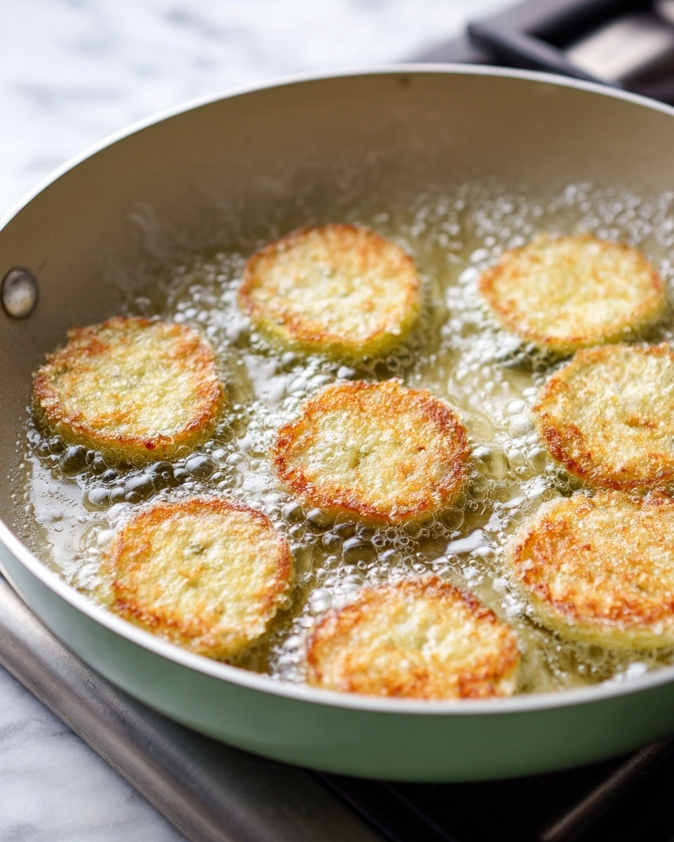A light green frying pan filled with round slices of pale yellow vegetables coated in a light batter frying in bubbling clear oil. The slices show a textured batter layer covering both top and bottom, with the edges softly golden. The pan sits on a stovetop with a blurred background, and the shapes are evenly spaced inside the pan. The surface beneath the pan is a white marbled texture photo taken with an iphone --ar 4:5 --v 7