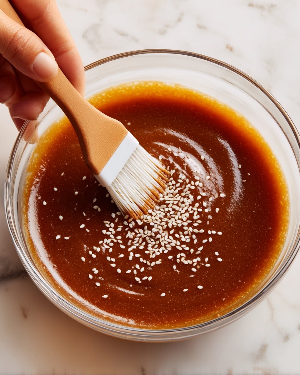 A clear glass bowl filled with a thick brown sauce mixed with white sesame seeds, the sauce has a smooth but slightly grainy texture. A wooden brush with white bristles is stirring the sauce in the center of the bowl, creating a small whirlpool effect. The bowl sits on a white marbled surface, and part of a woman's hand holding the brush is slightly visible. photo taken with an iphone --ar 4:5 --v 7