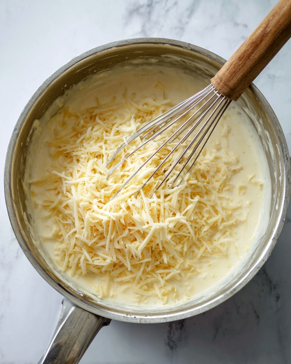 A close-up view of a silver pot with light yellow creamy sauce inside. On top, there is a thick layer of shredded pale yellow cheese. A metal whisk with a wooden handle is partially dipped into the sauce and cheese mix. The pot is placed on a white marbled surface. photo taken with an iphone --ar 4:5 --v 7
