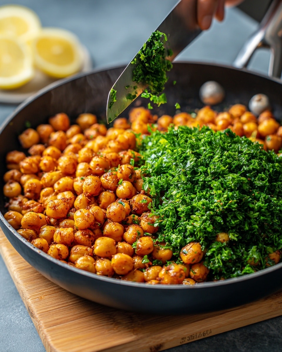A close-up image shows a black pan filled with golden-brown chickpeas cooked with spices, giving them a slightly reddish tint. On the right side of the pan, a pile of chopped bright green parsley is being added from a wooden cutting board. A woman's hand holds a large shiny knife, scraping the parsley off the board onto the chickpeas. The background features a soft blue-gray tone, with a hint of yellow lemon slices blurred in the back. photo taken with an iphone --ar 4:5 --v 7