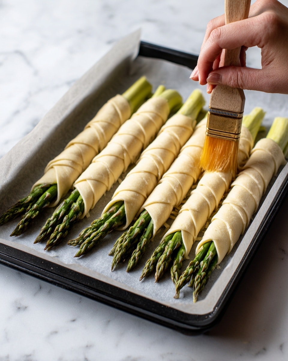 The image shows several fresh green asparagus stalks wrapped in thin, light beige dough strips arranged in neat rows on a baking tray lined with white parchment paper. In one close-up, a woman's hand is gently placing grated pale yellow cheese over the dough-wrapped asparagus. Another close-up shows the woman's hand brushing the dough with a shiny orange brush, likely applying an egg wash. The baking tray has black edges and is placed on a white marbled surface. The dough is smooth and tightly wrapped around the thick asparagus, creating a spiral effect along each stalk. photo taken with an iphone --ar 4:5 --v 7