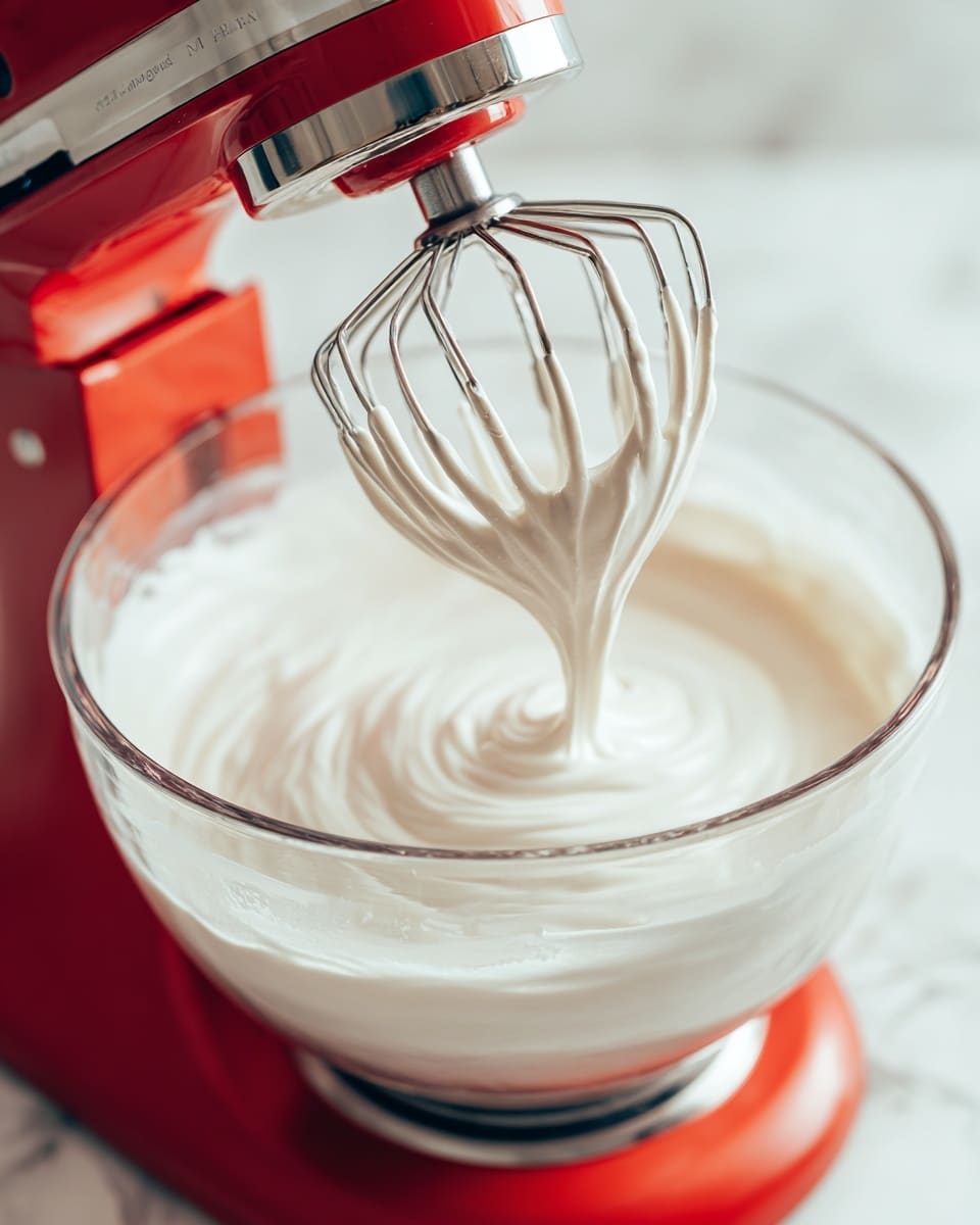 A close-up view of a red stand mixer mixing a bowl of thick, smooth, white cream. The bowl is transparent glass, showing the white creamy mixture inside with soft swirling texture and slight peaks formed by the whisk attachment. The metal whisk is partially covered in the cream, with thin strings of cream hanging from its wires. The background is softly blurred with a white marbled texture visible around the base of the mixer. Photo taken with an iphone --ar 4:5 --v 7