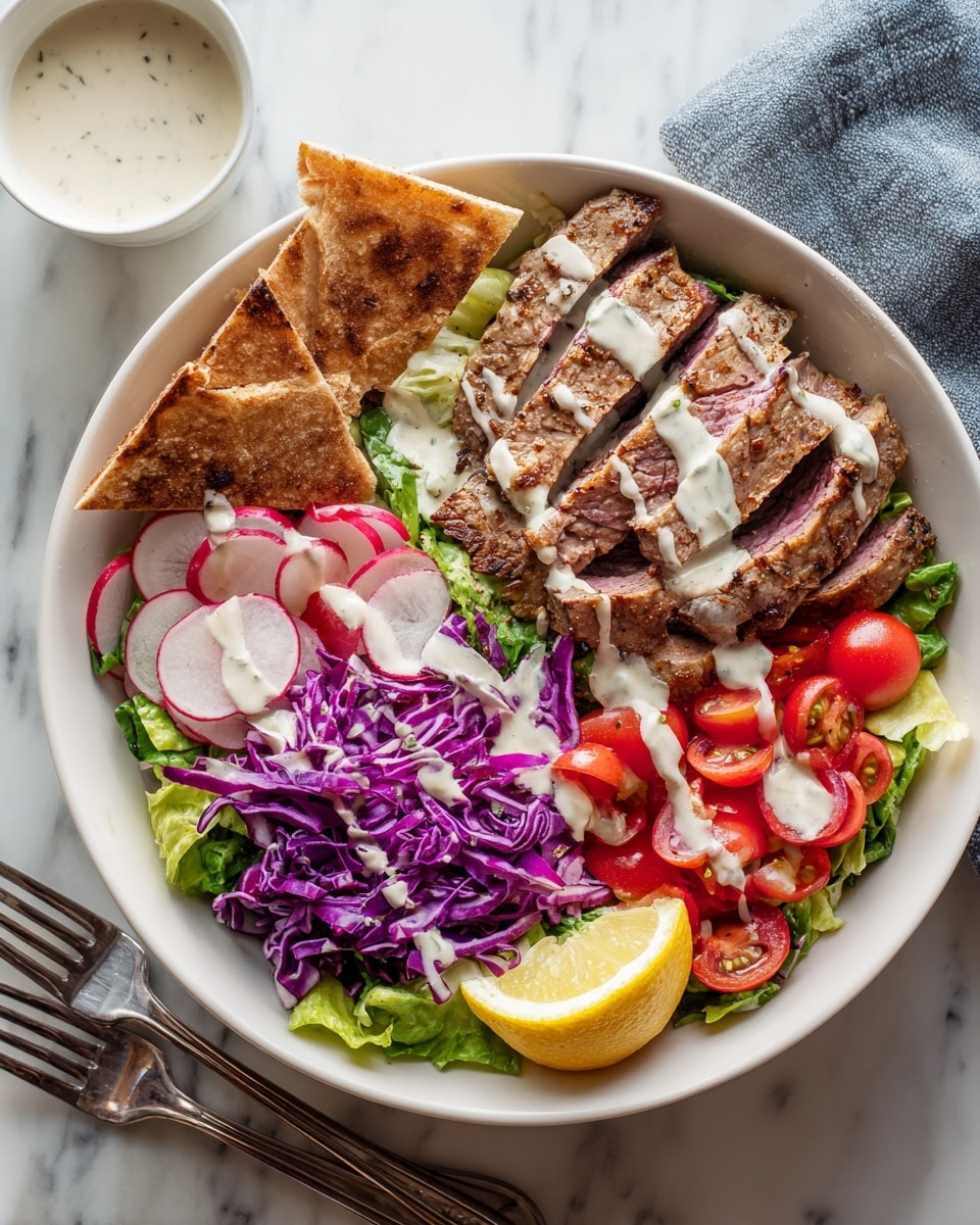 A white bowl filled with a colorful layered salad: the bottom layer includes bright green lettuce and deep purple shredded cabbage on one side, topped with thinly sliced radishes and halved red cherry tomatoes. Next to the vegetables are several slices of brown, textured meat drizzled with white sauce. There is a lemon wedge placed near the meat. On top are two triangular pieces of toasted flatbread placed at the edge of the bowl. The bowl is set on a white marbled surface with two forks and a cup of white sauce nearby. Photo taken with an iphone --ar 4:5 --v 7