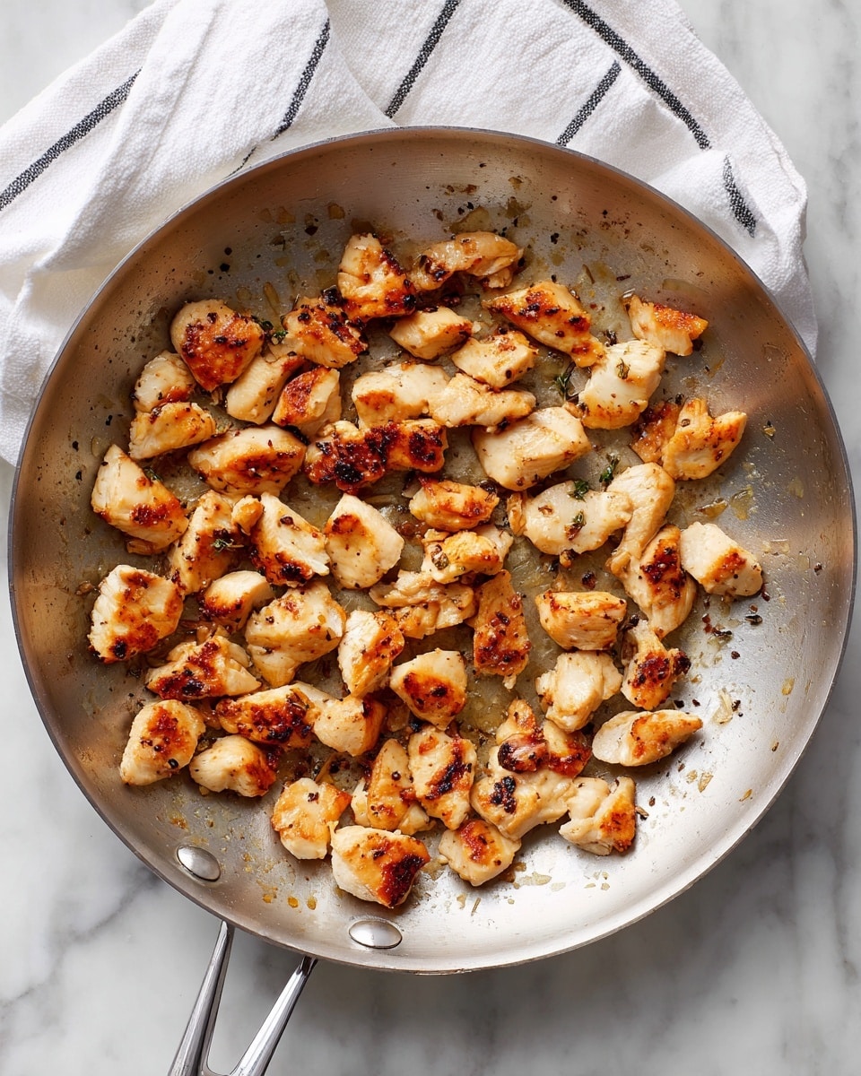 The image shows a silver frying pan filled with small pieces of cooked chicken that are golden brown with some light charred spots. The chicken pieces are scattered mostly in the center and right side of the pan, giving a sense of a freshly cooked dish. The pan is placed on a white marbled surface, and in the top left corner, there is a white cloth with black stripes just visible. photo taken with an iphone --ar 4:5 --v 7