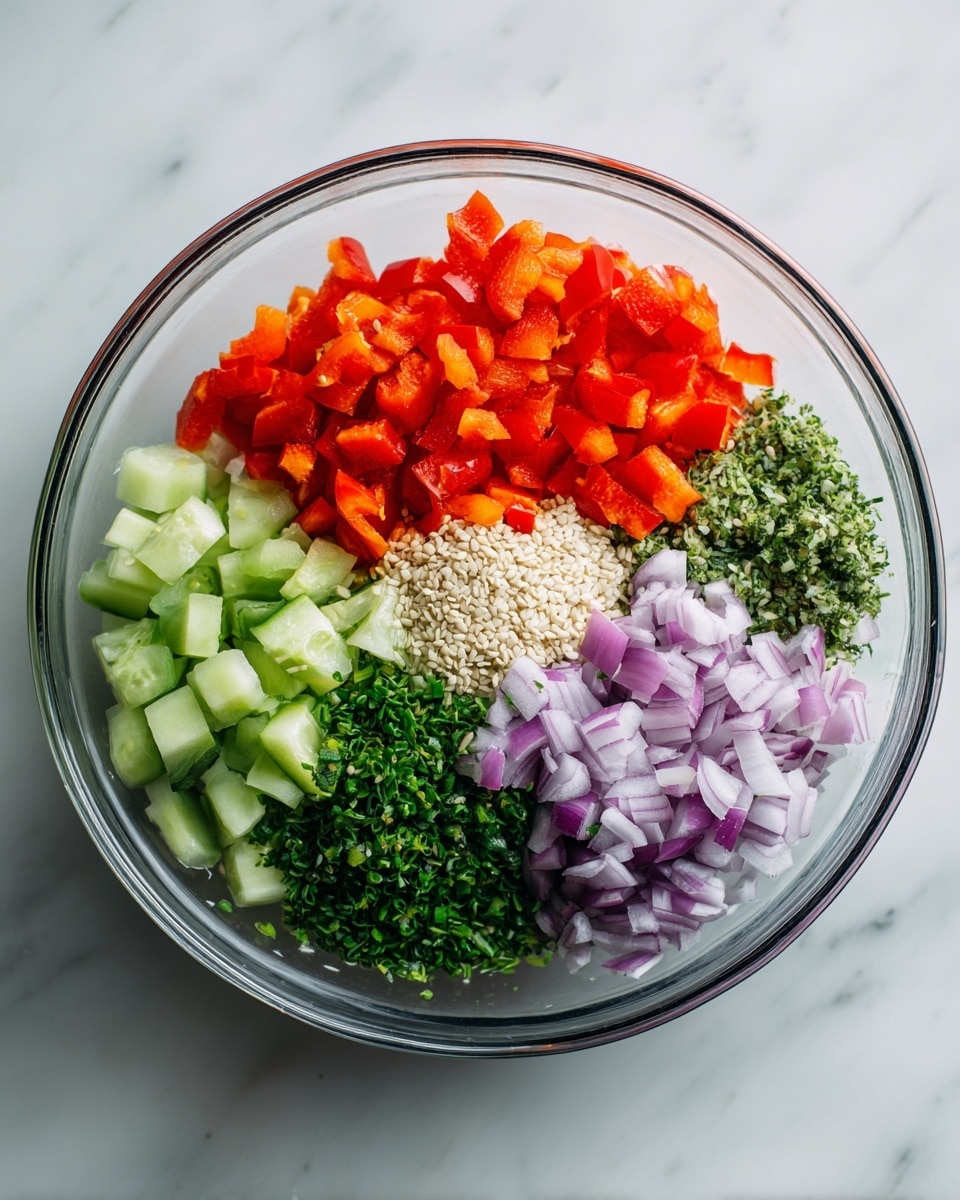A clear glass bowl sits on a white marbled surface, filled with five distinct piles of fresh ingredients arranged separately inside. Starting from the top, there is a bright red layer of diced bell peppers, moving clockwise to thin slices of green cucumber with a smooth texture. Next, a small pile of white sesame seeds is placed near the bottom, followed by a mound of finely chopped green herbs. Finally, a cluster of finely chopped purple onions occupies the remaining section of the bowl. Each ingredient is clearly visible with clean, sharp edges, showing a fresh and colorful mix photo taken with an iphone --ar 4:5 --v 7