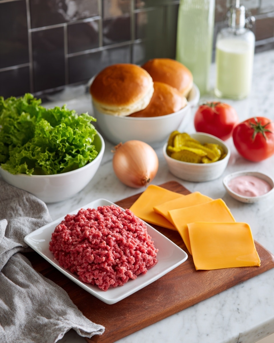 The image shows ingredients for making burgers arranged on a wooden board over a white marbled surface. In the foreground, there is a white square plate filled with raw ground meat, bright red in color with a soft texture. Next to it are three slices of orange cheddar cheese with smooth surfaces, placed flat on the board. Towards the back, there are three shiny golden brown burger buns resting on a gray cloth. To the left, a fresh green leafy lettuce is in a white bowl, and next to it, a whole red tomato and a whole light yellow onion are sitting directly on the board. On the right side, there is a white square bowl with yellow pickle slices and a small white bowl with a pink sauce. In the background, there are two bottles, one with light green liquid and the other dark colored. The whole setup is on a white marbled countertop with dark tile backsplash. Photo taken with an iphone --ar 4:5 --v 7