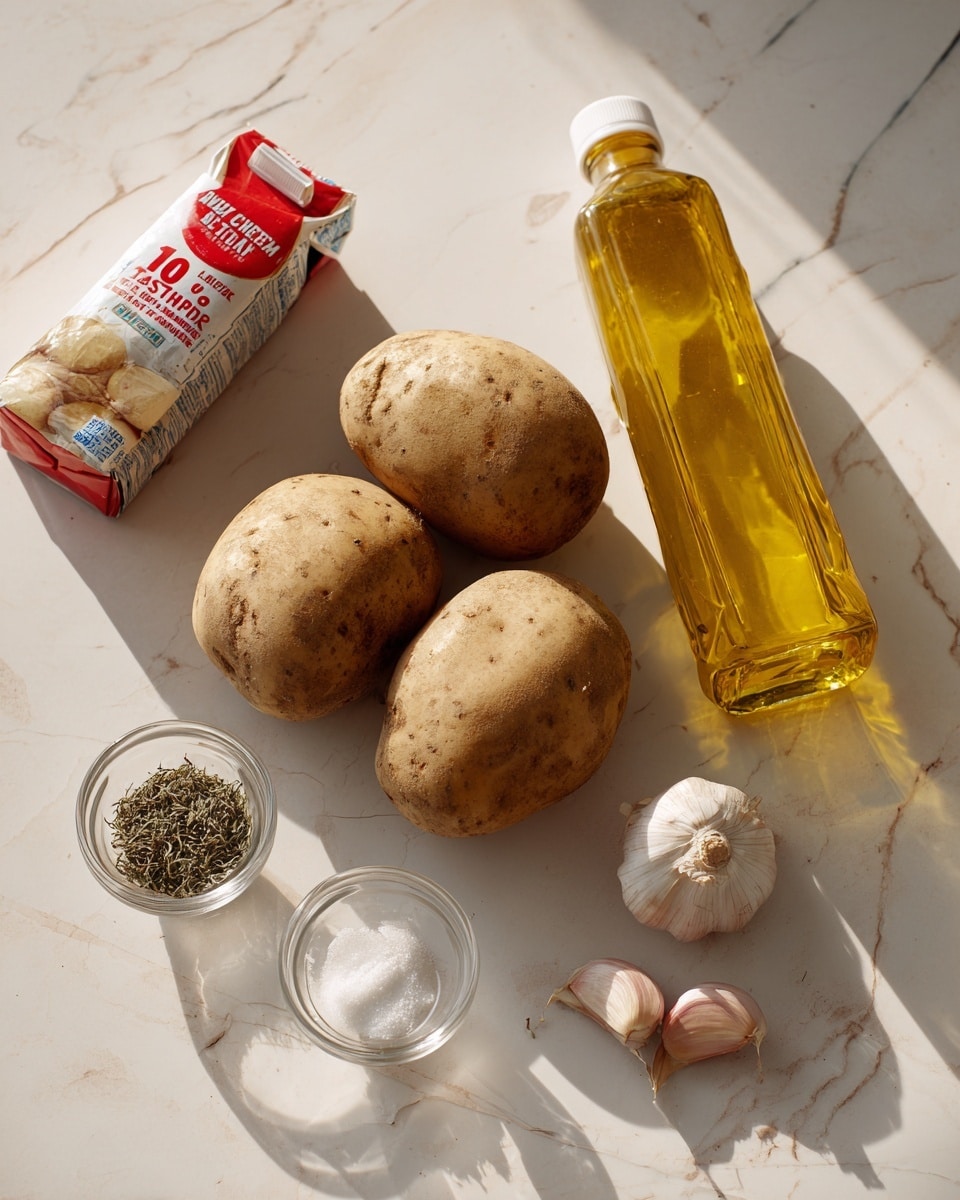 The image shows four whole brown potatoes with rough skin placed on a white marbled surface. To the right of the potatoes, there is a clear plastic bottle filled with yellow cooking oil, standing upright with a white cap. Below the potatoes, slightly to the left, there is a red and white carton of 18% table cream tilted on its side. Close to the cream carton and cooking oil bottle, there are three small glass bowls – one containing dried green herbs, one with white salt, and next to the potatoes are three cloves of garlic with pale purple and white skin. The lighting casts soft shadows, and the focus is sharp, showing textures of all items clearly. photo taken with an iphone --ar 4:5 --v 7