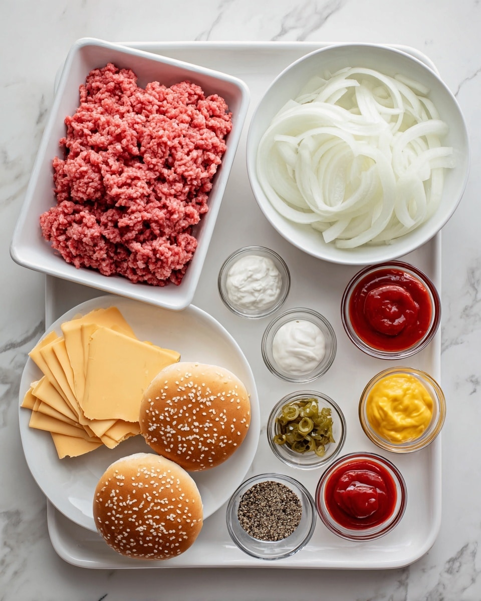 The image shows raw ingredients for making burgers on a white marbled surface. At the top center, there is a white tray filled with pink ground meat placed on a white plate. To the right of the meat tray, there is a bowl filled with thinly sliced white onions. Below the onions, there are two sesame seed-topped hamburger buns placed side by side. To the left of the buns, there are layers of light yellow cheese slices stacked neatly. In the middle, there are small glass bowls arranged in a curved line, containing black and white pepper mix, green relish, red ketchup, white mayonnaise, red hot sauce, and yellow mustard from top to bottom. The photo taken with an iphone --ar 4:5 --v 7