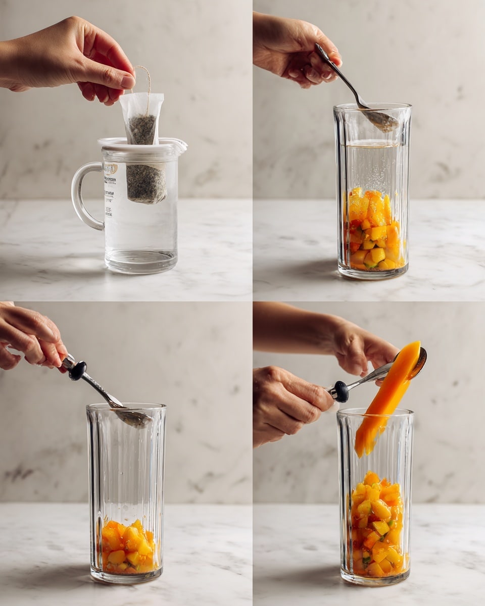 The image shows four steps of making a mango puree in a tall, clear, white-rimmed glass on a white marbled surface. In the first step, a woman's hand lowers a tea bag into a transparent white measuring cup filled with water. The second step shows a woman's hand pouring liquid from a spoon into the tall glass, which has small diced orange mango pieces at the bottom. The third step features two woman's hands holding a black muddler inside the glass, crushing the mango pieces. The fourth step presents a woman's hand lifting a long mango slice with a spoon from the glass that still contains diced mango and some liquid. All pictures have a soft focus on the hands and clear textures of the mango, glass, and liquids. photo taken with an iphone --ar 4:5 --v 7