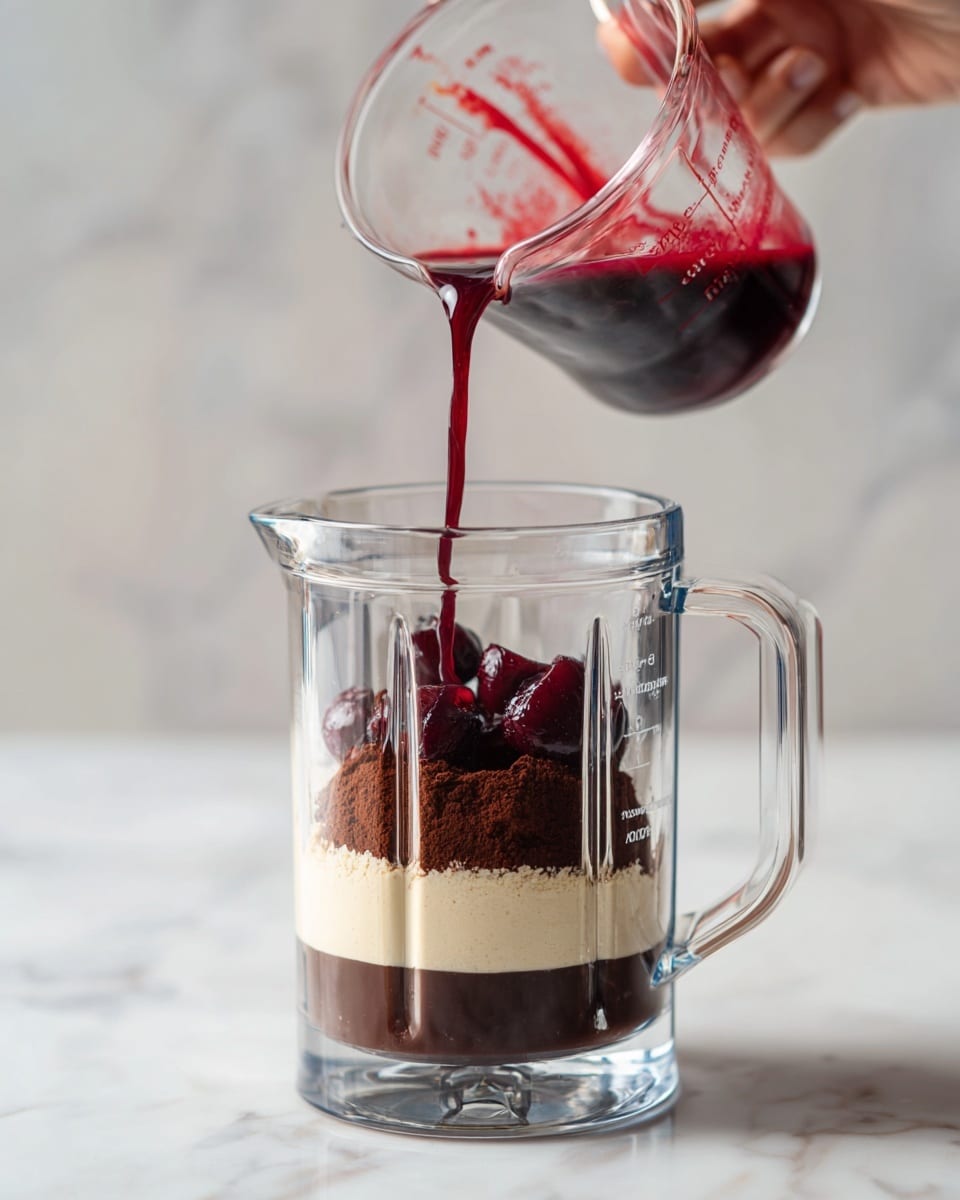 A clear glass blender jar with layers being added inside it sits on a white marbled surface. In the first layer, there is a scoop of dark brown powder or mix at the bottom. Next, a creamy white liquid is being poured over the powder, filling some space above it. The third layer shows a white cup pouring dark red cherries, some falling into the blender on top of the previous mix. The last layer is a deep red liquid being slowly poured from a clear measuring cup with red liquid dripping into the jar over the cherries and powder mix. A woman's hand is holding each cup or scoop in all steps. Photo taken with an iphone --ar 4:5 --v 7