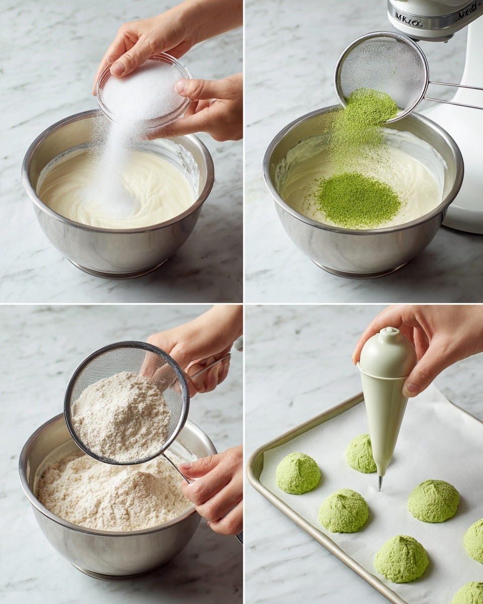 The image shows four steps of preparing a green tea flavored batter. In step one, a woman's hand pours sugar into a large metal bowl filled with a smooth, fluffy white mixture, with an electric mixer in the background. Step two shows a woman's hand holding a fine sieve over the same bowl, sprinkling bright green powder onto the white fluffy base. Step three features a woman's hand sifting light beige flour into the bowl, mixing with the green powder and white mixture. In step four, a woman's hand uses a piping bag to pipe small, light green dollops of batter onto white parchment paper on a baking tray, each dollop having a soft, slightly textured surface. The background in all steps is a white marbled surface. Photo taken with an iphone --ar 4:5 --v 7