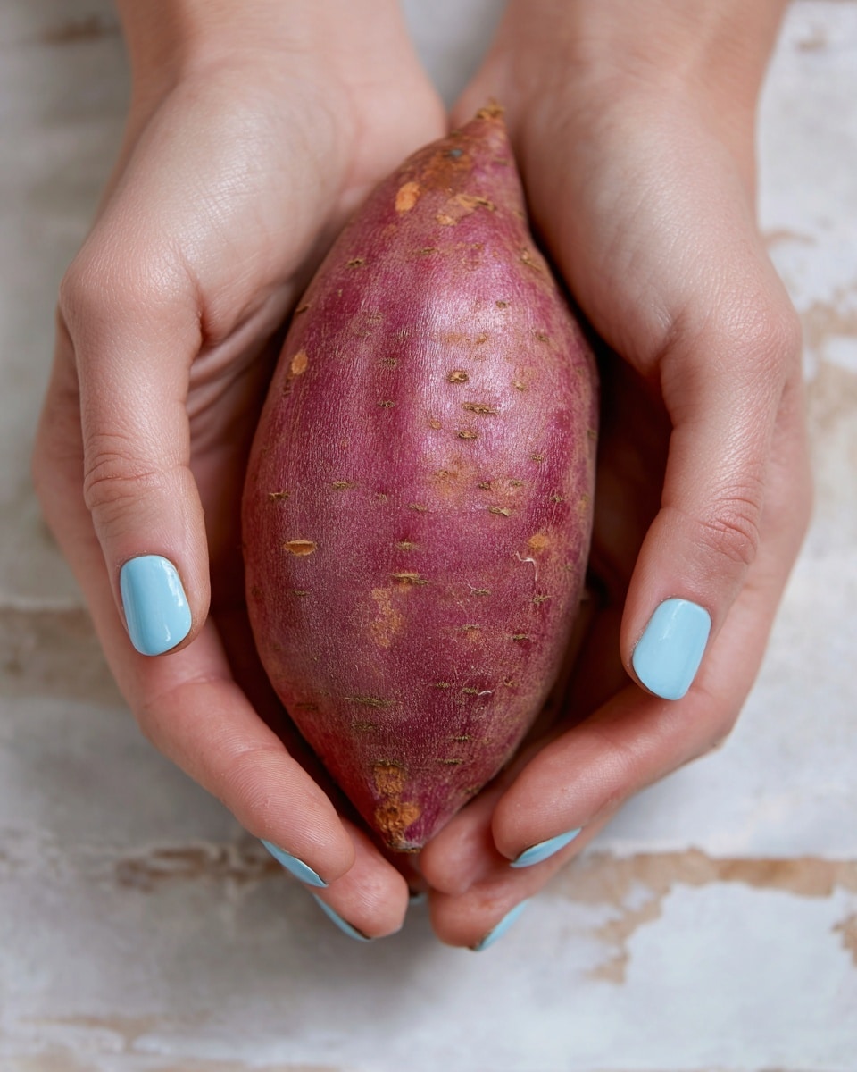 A woman's hands with light blue painted nails are holding one whole sweet potato with rough reddish-purple skin that has small brown spots. The sweet potato is shown against a white marbled surface and a light wooden background. The photo captures the close-up of the root vegetable in natural light, showing its curved, tapered shape. Photo taken with an iphone --ar 4:5 --v 7