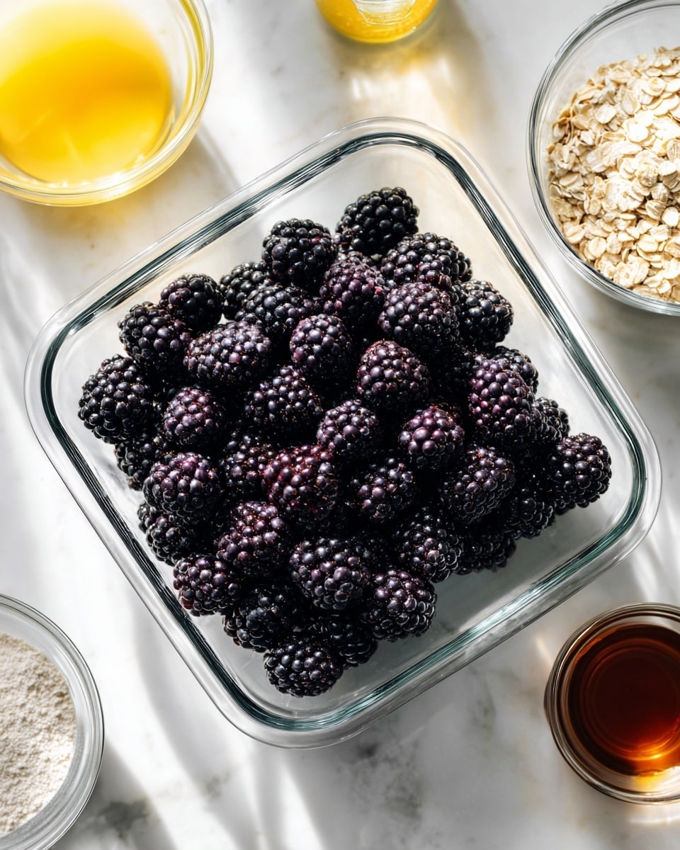 A clear glass square dish filled with a single layer of dark purple blackberries spread evenly. Around the dish are small clear round bowls containing light yellow liquid, white flour, oatmeal, and a brown liquid. The dish and bowls rest on a white marbled surface, with soft lighting highlighting the fresh fruits and ingredients. photo taken with an iphone --ar 4:5 --v 7