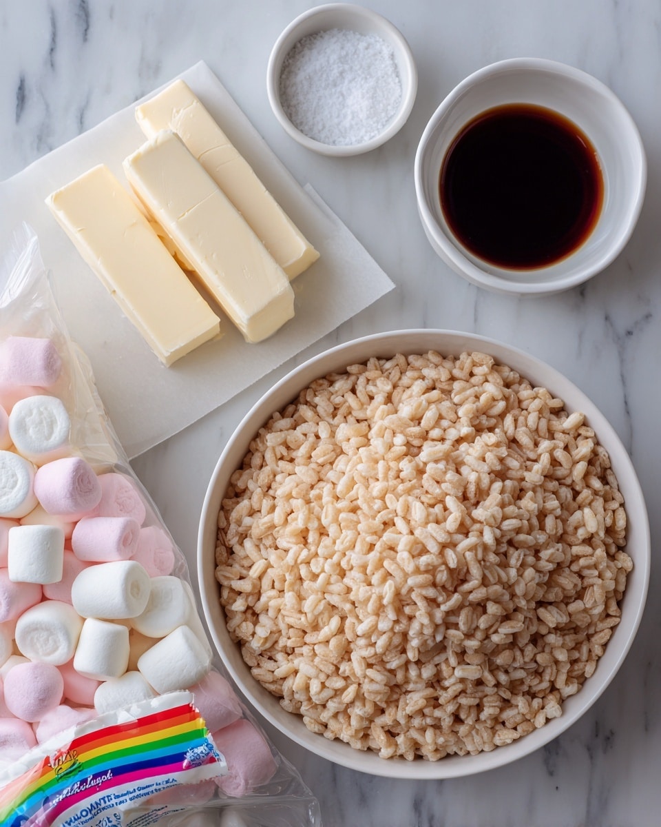 A white bowl filled with a large amount of light tan puffed rice stands on a white marbled surface. Nearby, there are two small white bowls, one holding dark brown vanilla extract and the other containing white salt. To the left of the bowl are two sticks of pale yellow butter on open wrappers, and below them is a large clear bag of white mini marshmallows with colorful rainbow stripes on the packaging. photo taken with an iphone --ar 4:5 --v 7