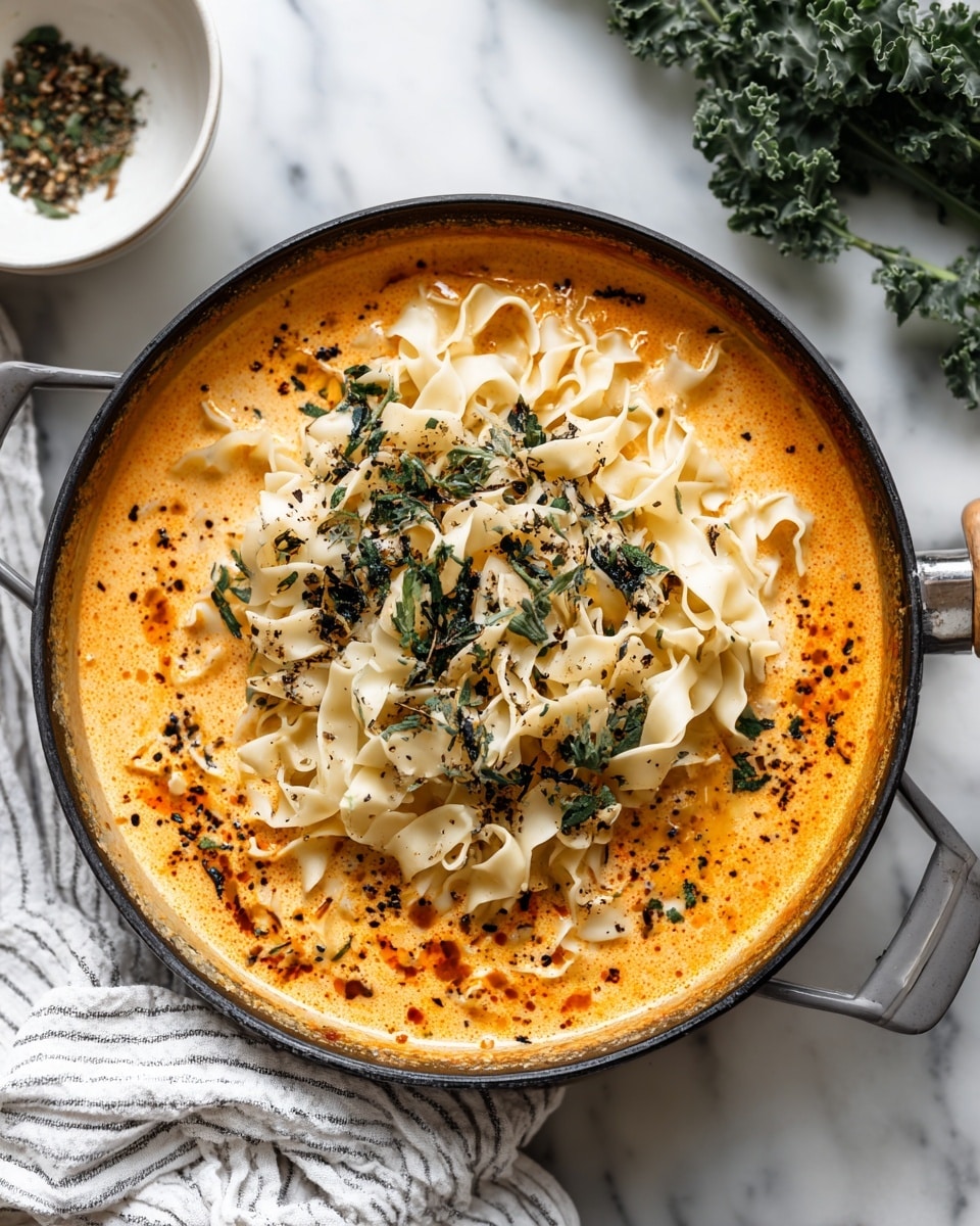 A pan filled with a creamy orange sauce that has some small black and green herbs mixed in. On top of the sauce, there is a pile of white flat pasta noodles spread unevenly in the center. The pan is placed on a white marbled surface, near a white and gray striped cloth, some green leafy herbs are visible in the top right corner, and a small empty round white bowl is near the top left. Photo taken with an iphone --ar 4:5 --v 7