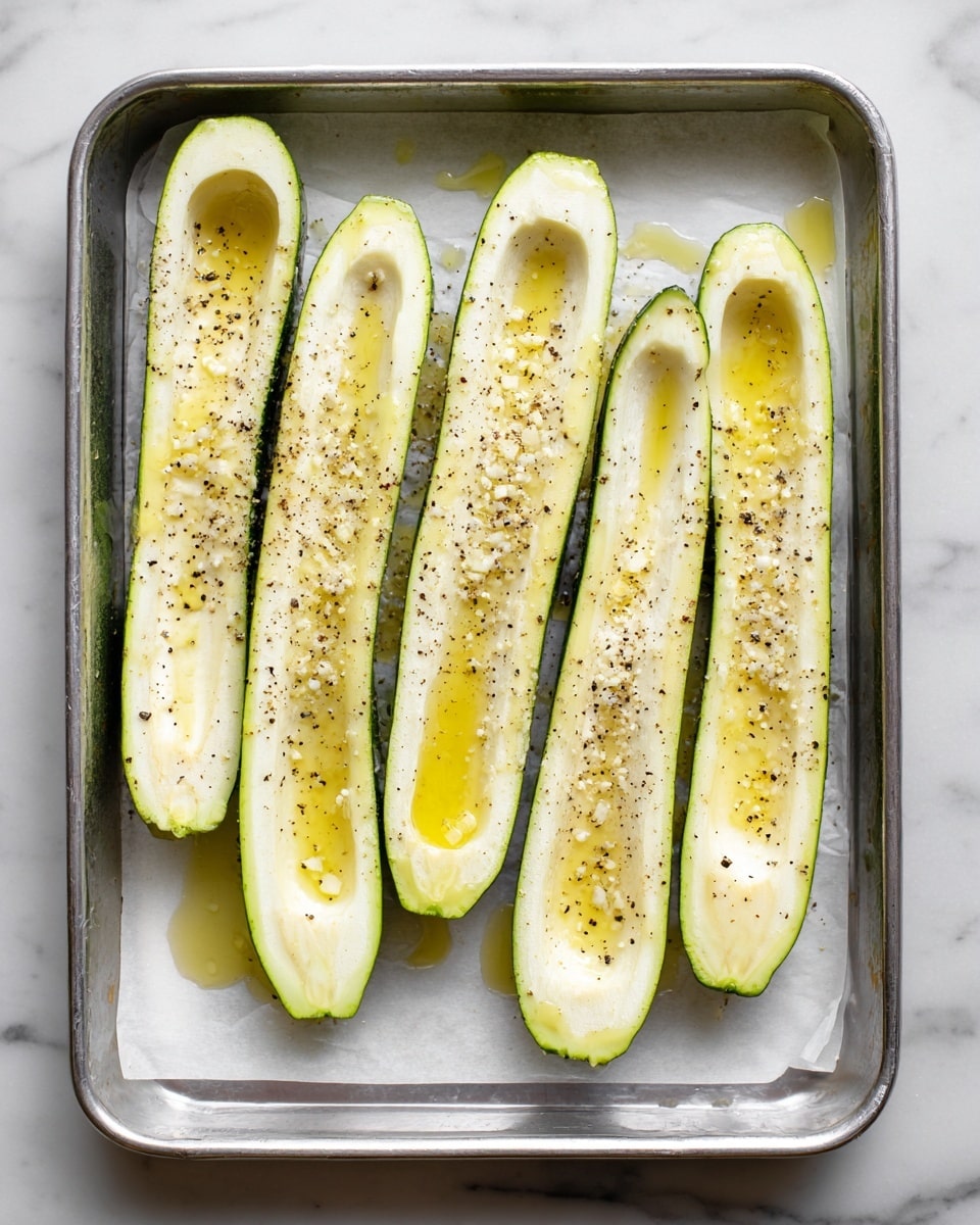 A metal tray holds six zucchini halves placed evenly side by side on white parchment paper, each cut lengthwise with pale green skin and creamy white flesh facing up. The zucchini are lightly coated with oil, showing small pools of yellow shine, and sprinkled with black pepper and salt, creating tiny dark and white specks across the smooth flesh. The tray sits on a white marbled surface, adding a clean and bright contrast to the simple preparation. photo taken with an iphone --ar 4:5 --v 7
