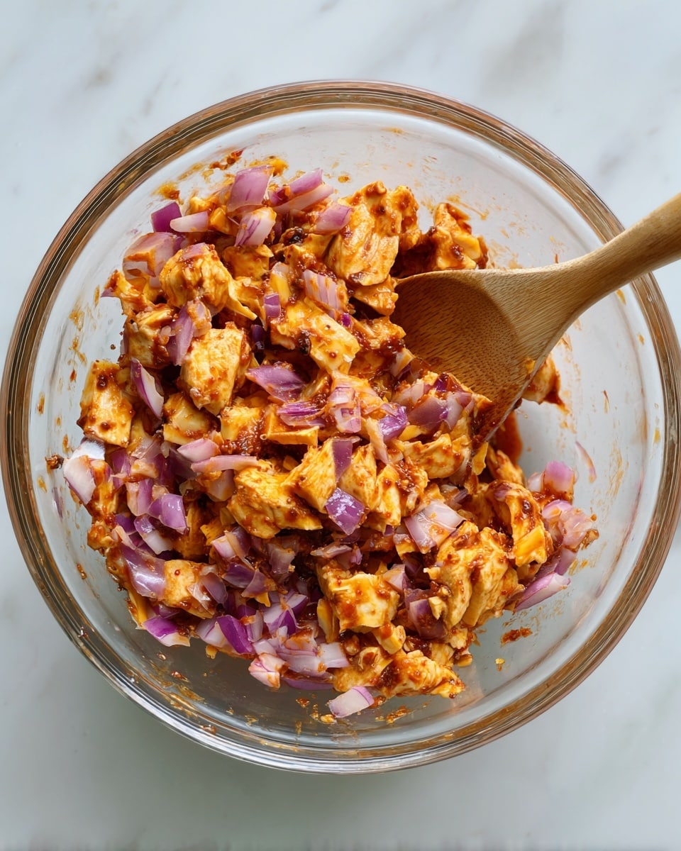 A clear glass bowl with a mix of chopped orange cheddar cheese, small pieces of cooked chicken, and diced red onions coated in a reddish sauce, stirred with a light wooden spoon resting diagonally inside the bowl; the bowl sits on a white marbled surface. photo taken with an iphone --ar 4:5 --v 7