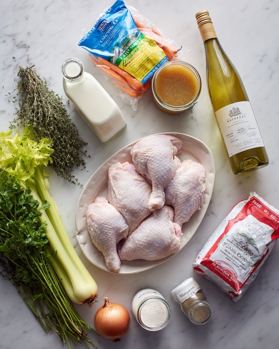 A white oval plate holds three raw chicken pieces with pale pink skin on the left side of the image. Near the plate are a large yellow onion and bunches of fresh green herbs including parsley and thyme laying on a white marbled surface. Above, two bags of vegetables—one pack of celery with a blue label and one pack of carrots with a green label—are placed diagonally. A bottle of white wine with a light yellow liquid inside lies horizontally next to a large jar of brown chicken bone broth with a yellow label. On the right side, a red and white bag of all-purpose flour and a white bottle of whole milk with a red cap stand upright. At the bottom, a small jar of bay leaves and a white container of Clabber Girl baking powder sit close together. photo taken with an iphone --ar 4:5 --v 7