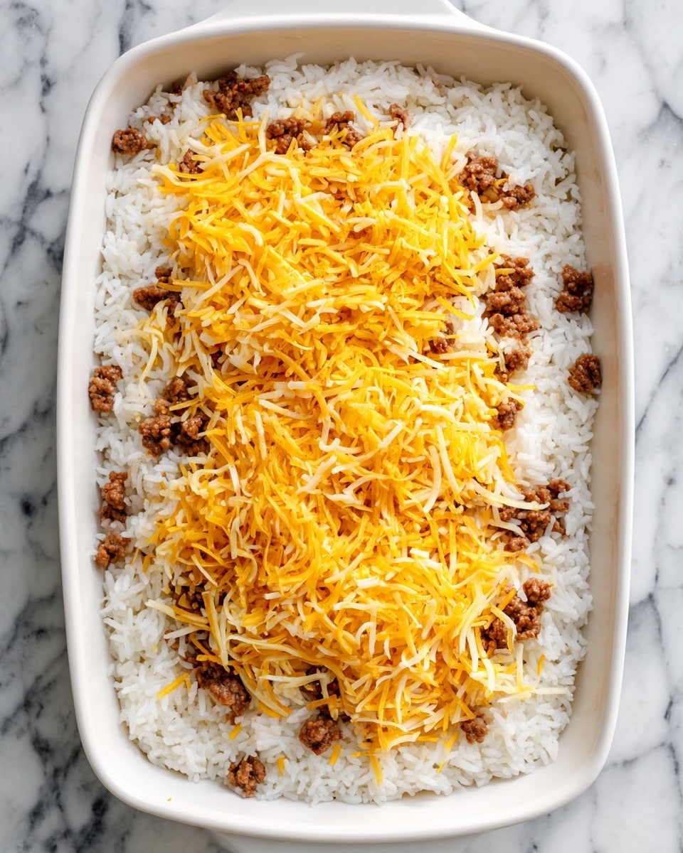 A white casserole dish filled with three visible layers: the bottom layer is plain white rice with a soft texture, the middle layer consists of small chunks of cooked brown meat scattered evenly across the rice, and the top layer is a light covering of shredded yellow cheese spread loosely over the meat. The dish is placed on a white marbled surface. photo taken with an iphone --ar 4:5 --v 7