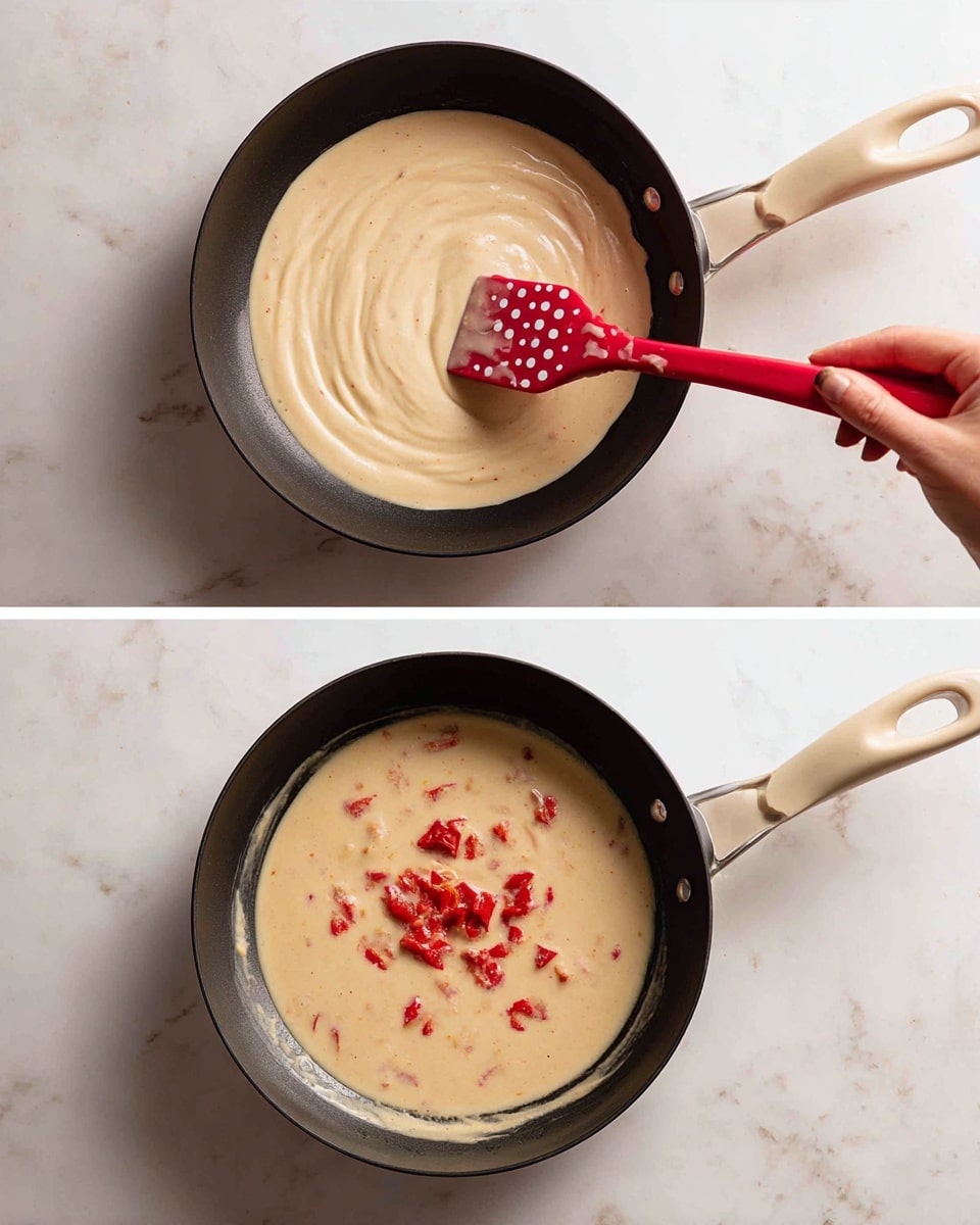 The first image shows a black pan with a beige handle on a white marbled surface. A red spatula with white spots is stirring thick, creamy, light beige sauce inside the pan, while a woman's hand is pouring more sauce from a small container into the pan. The second image shows the same pan and sauce, now smoother and with small red chunks of tomatoes or peppers placed in the center of the sauce, adding a colorful contrast to the light creamy base. photo taken with an iphone --ar 4:5 --v 7