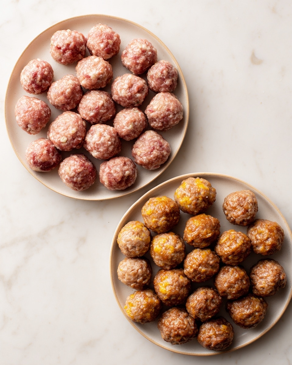 The image shows two round white plates on a white marbled surface, each filled with small, round balls arranged in neat concentric circles. The plate on the left holds raw meatballs that are pinkish with small bits of white and yellow visible, giving a slightly rough texture. The plate on the right holds cooked meatballs that have a brown color with a more uniform, slightly shiny surface. Both plates have about the same number of meatballs, and the arrangement on each plate is very orderly, filling the entire surface of the plates evenly. photo taken with an iphone --ar 4:5 --v 7