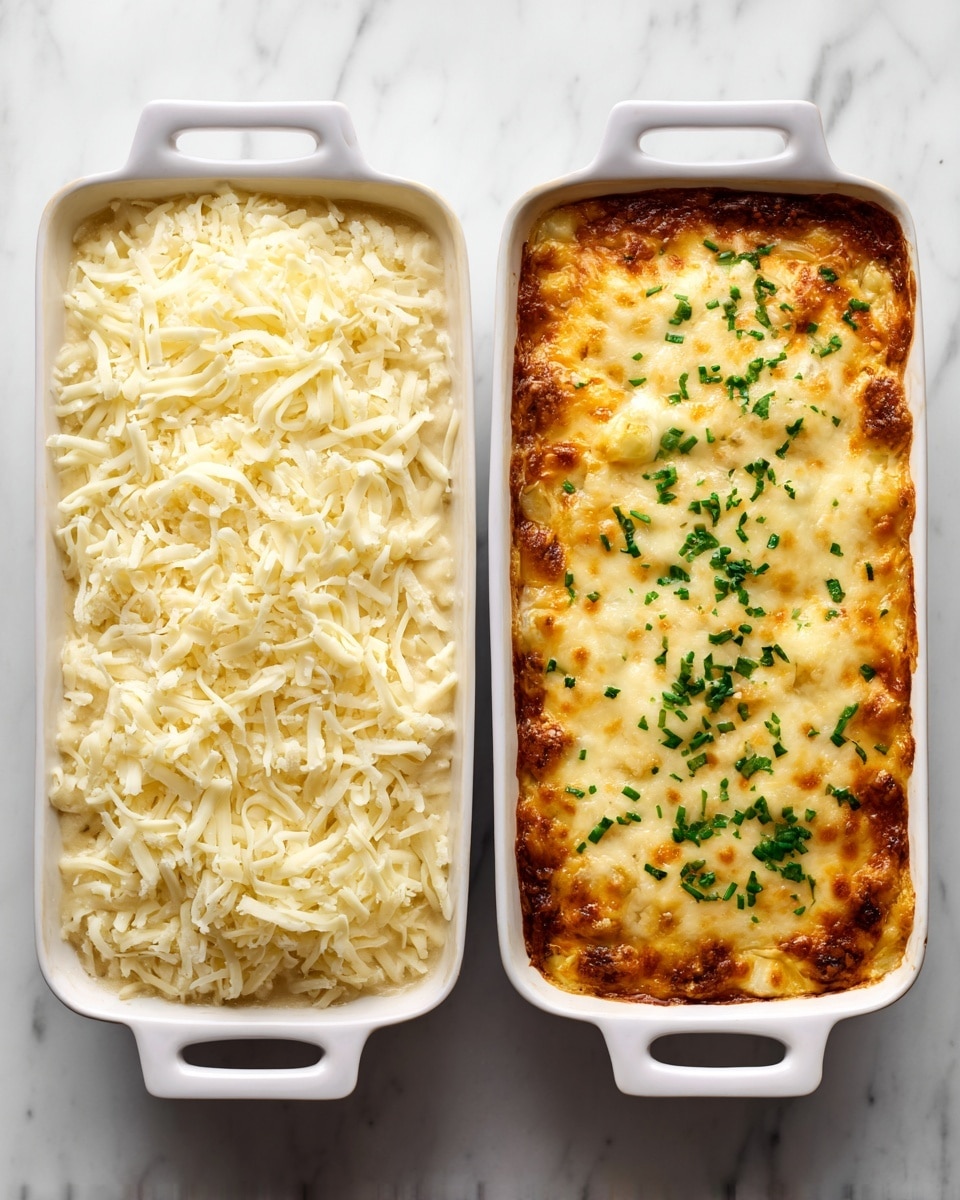 The image shows two white rectangular baking dishes placed side by side on a white marbled surface. The left dish is filled with a thick layer of shredded cheese, white and finely textured, evenly spread on top, covering what looks like a layer of sauce mixed with small bits underneath. The right dish shows a fully baked dish with a golden brown and bubbly cheese layer on top, dotted with spots of slightly darker browned cheese and chopped green herbs scattered across the surface, adding a touch of fresh color. Photo taken with an iphone --ar 4:5 --v 7