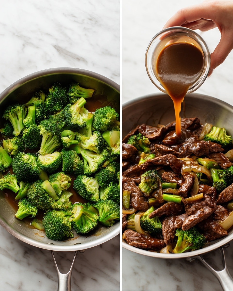 The image on the left shows a silver pan filled with bright green broccoli florets and small green stems on a white marbled surface, with a light brown sauce being poured over from a glass cup held by a woman's hand above the pan. The image on the right shows the same silver pan now filled with dark brown cooked beef strips mixed with bright green broccoli pieces and small slices of light brown vegetables, all coated in the thick brown sauce, placed on the same white marbled surface. photo taken with an iphone --ar 4:5 --v 7