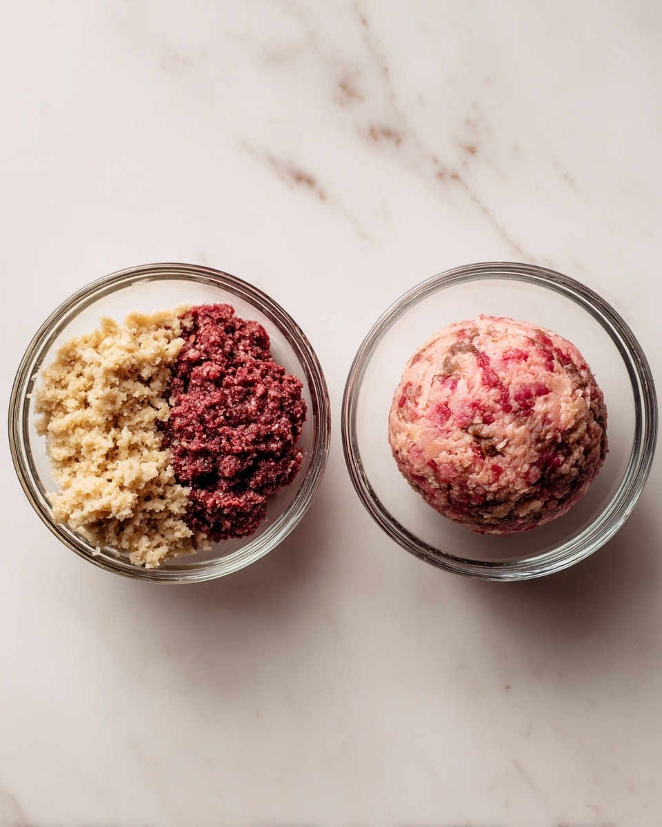 The image shows two glass bowls placed on a white marbled surface. The left bowl contains three separate layers: a light beige textured mixture in the bottom left, dark red ground meat in the upper right, and a light pink ground meat in the lower right. The right bowl holds a single, smooth ball of mixed ingredients, combining all the colors and textures seen in the left bowl, forming a marbled look of beige, red, and pink all together. photo taken with an iphone --ar 4:5 --v 7