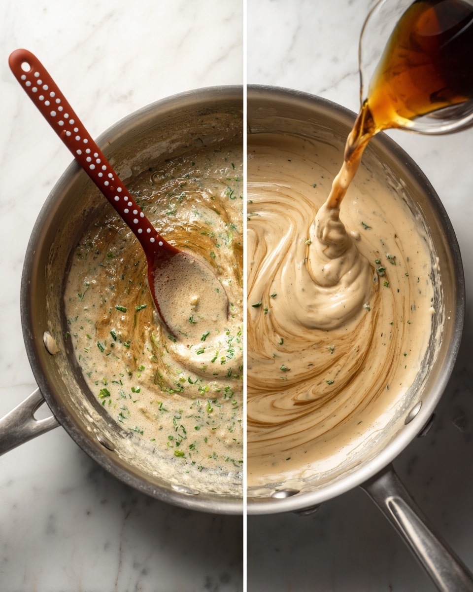 The image shows two side-by-side views of a stainless steel pan placed on a white marbled surface. In the left side, a reddish spatula with white dots stirs a thick, beige sauce that has some green herbs in it, while a glass jug pours a darker liquid into the pan, creating swirling textures in the sauce. The right side shows the same pan with the sauce fully mixed, smooth, creamy, and light beige with small green flecks, and the spatula resting gently inside the sauce. The lighting is soft, highlighting the sauce’s silky texture. Photo taken with an iphone --ar 4:5 --v 7