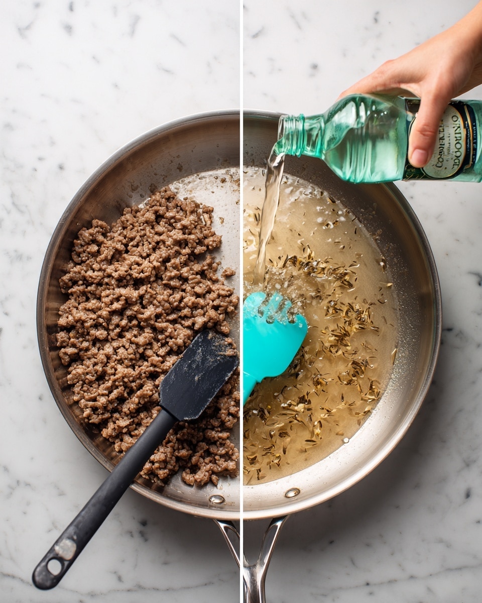 Two images side by side show a silver pan on a white marbled surface. The left image shows cooked ground meat in the pan with a black plastic spatula resting inside. The meat is brown and crumbled, sitting mostly on the left side of the pan. The right image shows the same pan now filled with light brown liquid and some brown bits floating on top. A woman's hand is pouring clear liquid from a green-tinted bottle into the pan, while a turquoise silicone spatula rests inside the liquid. Photo taken with an iphone --ar 4:5 --v 7